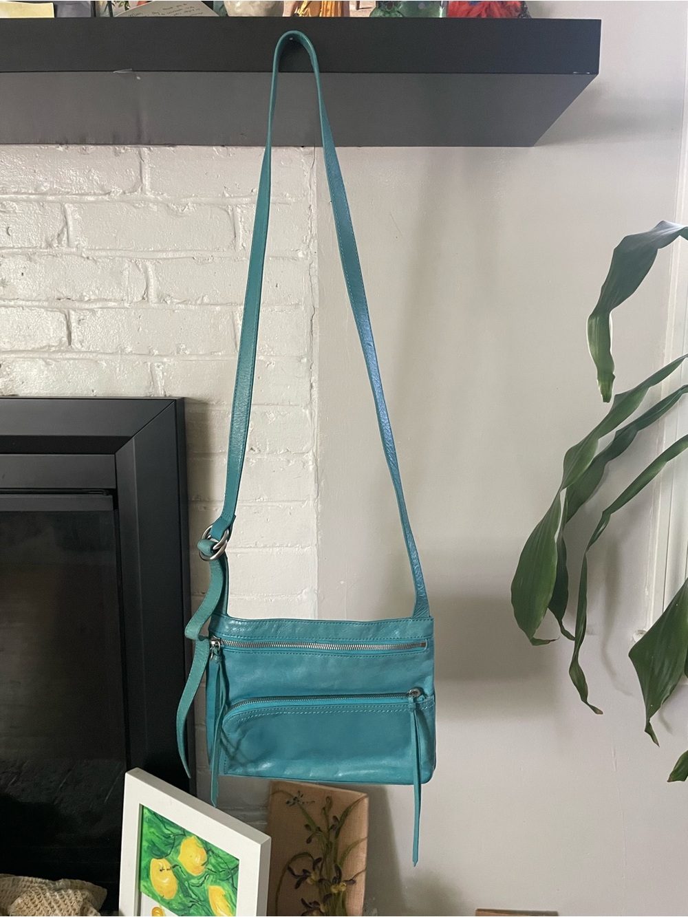 HOBO Teal Leather Crossbody Bag with Front Zip Pocket - Picture 2 of 11